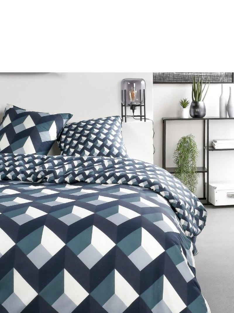 Parure de lit coton 2 personnes imprimé graphique SUNSHINE Bleu - Kiabi