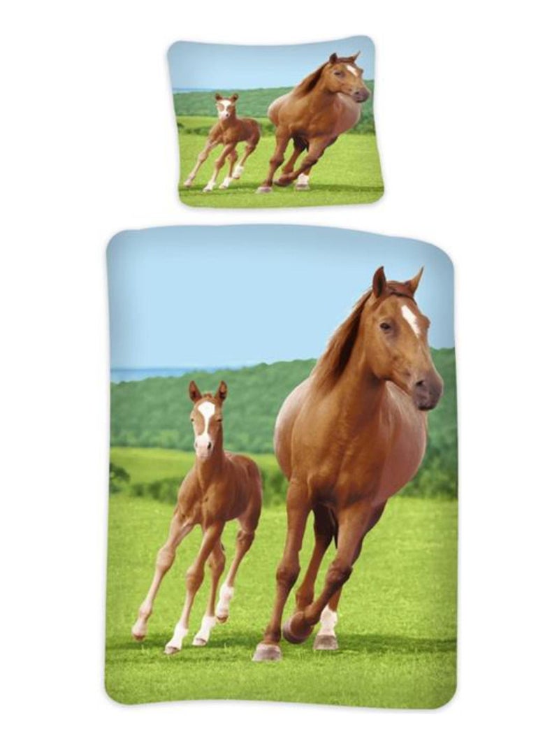 Parure de Lit Coton Cheval Brun et son Poulain Vert - Kiabi