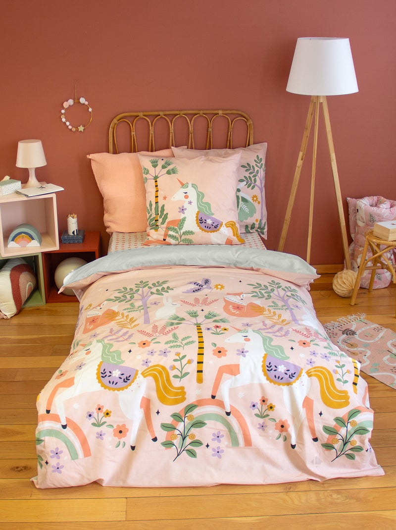 Parure de lit coton imprimé LA DAME A LICORNE Bleu Rose - Kiabi