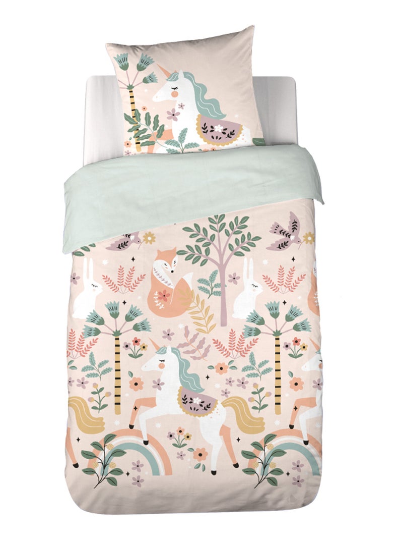 Parure de lit coton imprimé LA DAME A LICORNE Bleu Rose - Kiabi