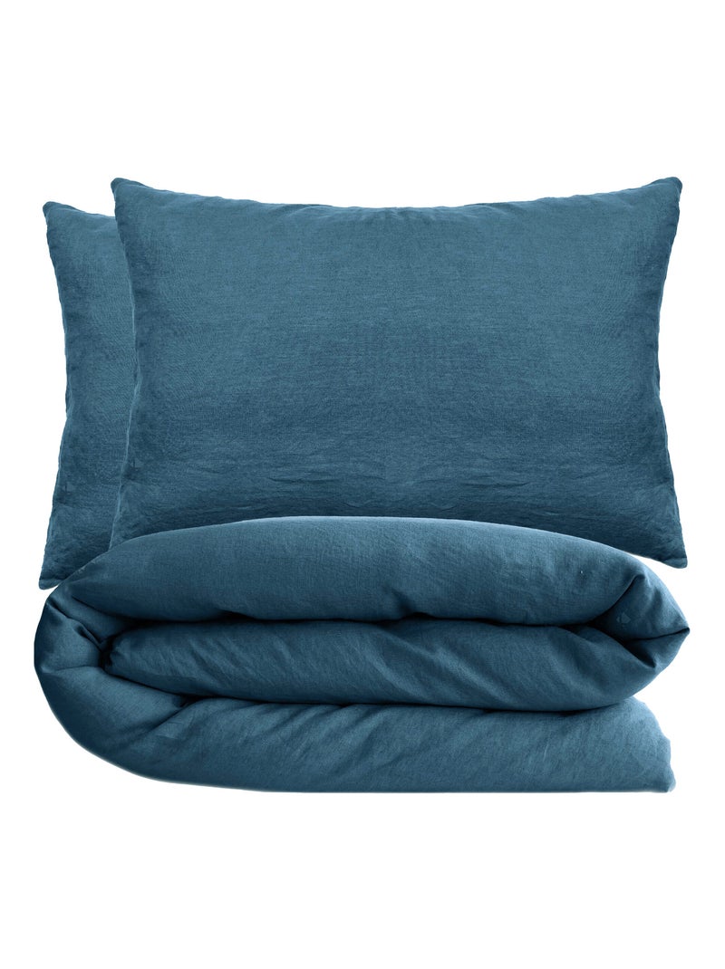 Parure de lit coton lavé PALACE Taie 50x70 cm Bleu marine - Kiabi