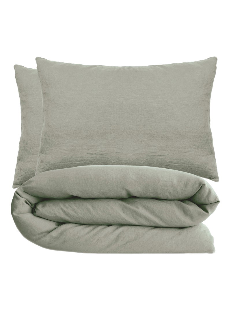 Parure de lit coton lavé PALACE Taie 50x70 cm Vert kaki clair - Kiabi