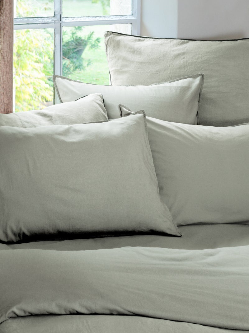 Parure de lit coton lavé PALACE Taie 50x70 cm Vert kaki clair - Kiabi