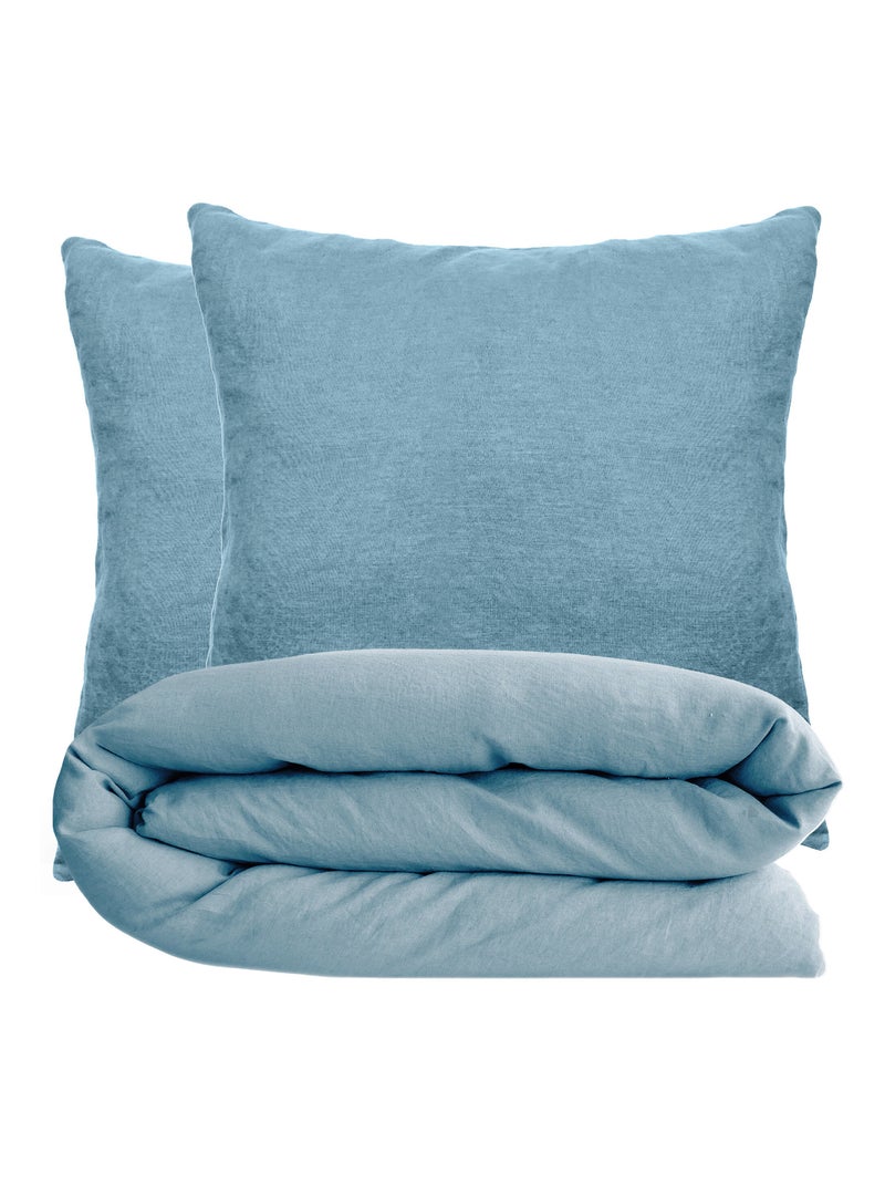 Parure de lit coton lavé PALACE Taie 65x65 cm Bleu topaze - Kiabi