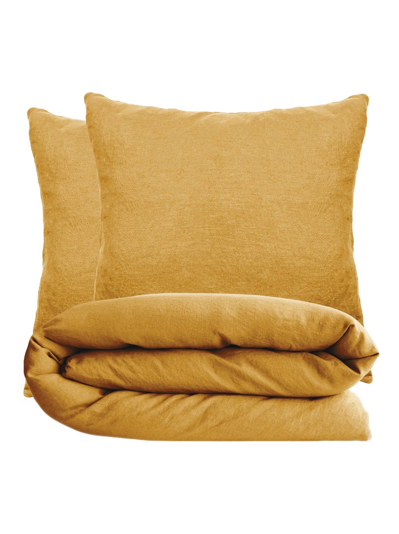 Parure de lit coton lavé PALACE Taie 65x65 cm Jaune or - Kiabi