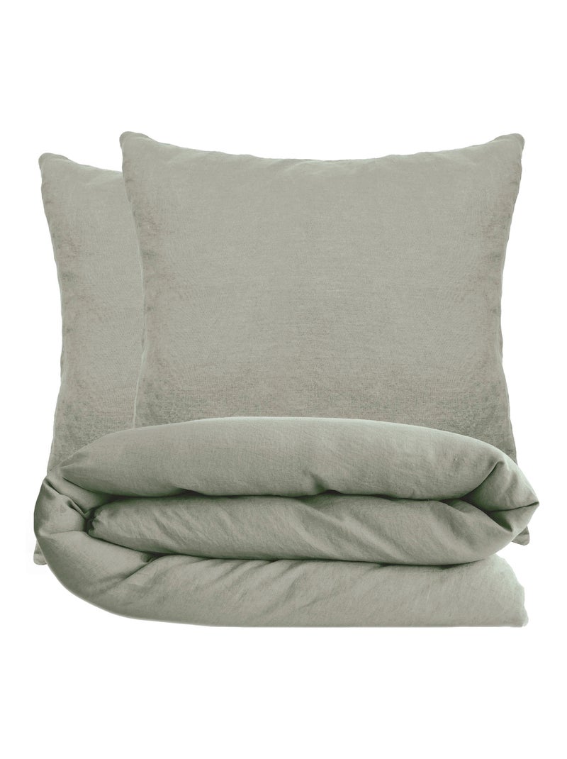 Parure de lit coton lavé PALACE Taie 65x65 cm Vert kaki clair - Kiabi