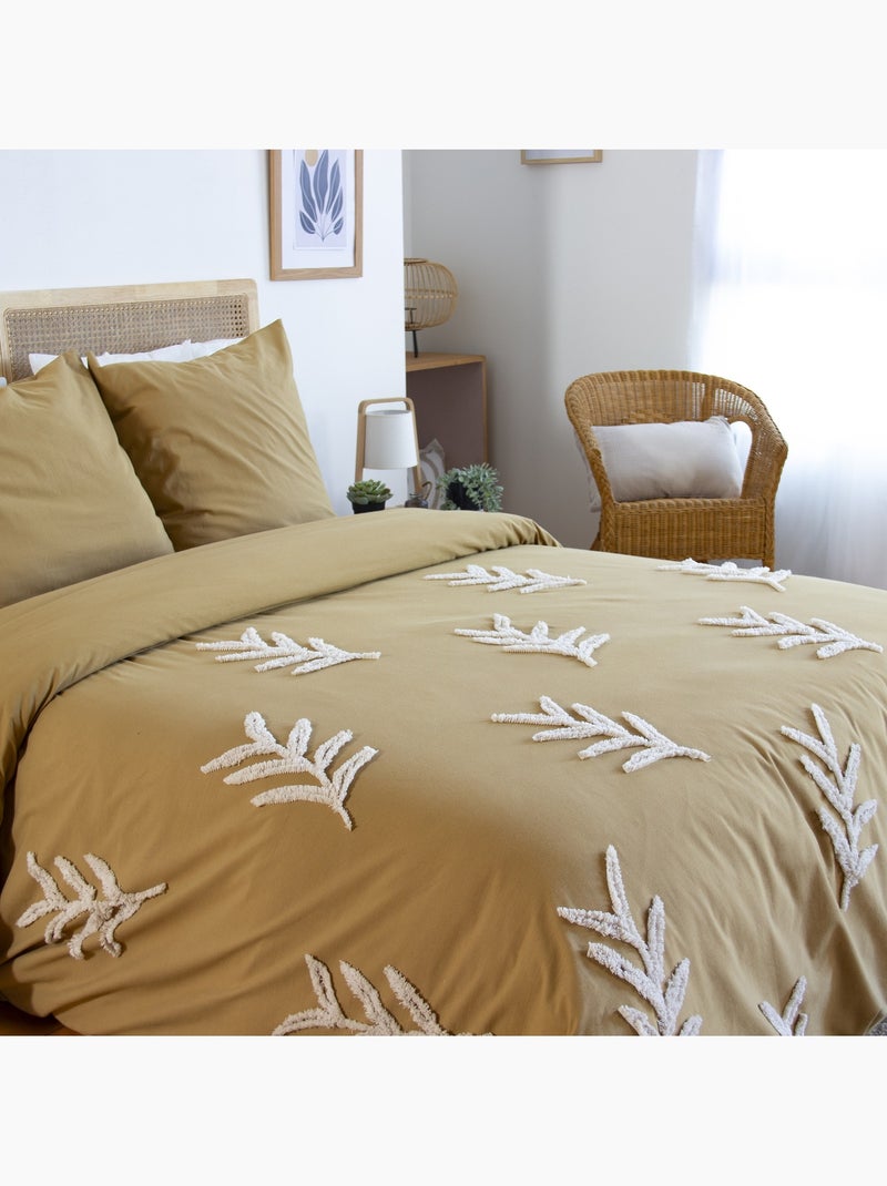 Parure de lit coton lavé tuftée feuilles Beige - Kiabi
