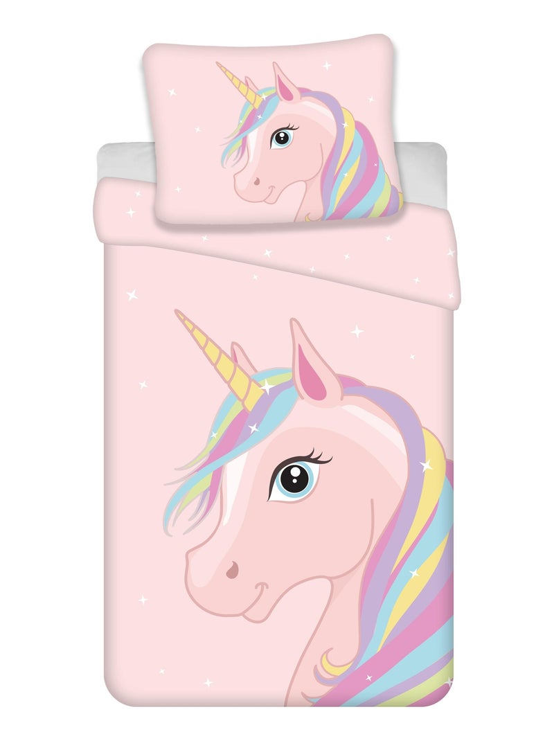 Parure de Lit Coton Licorne Arc En Ciel Rose - Kiabi