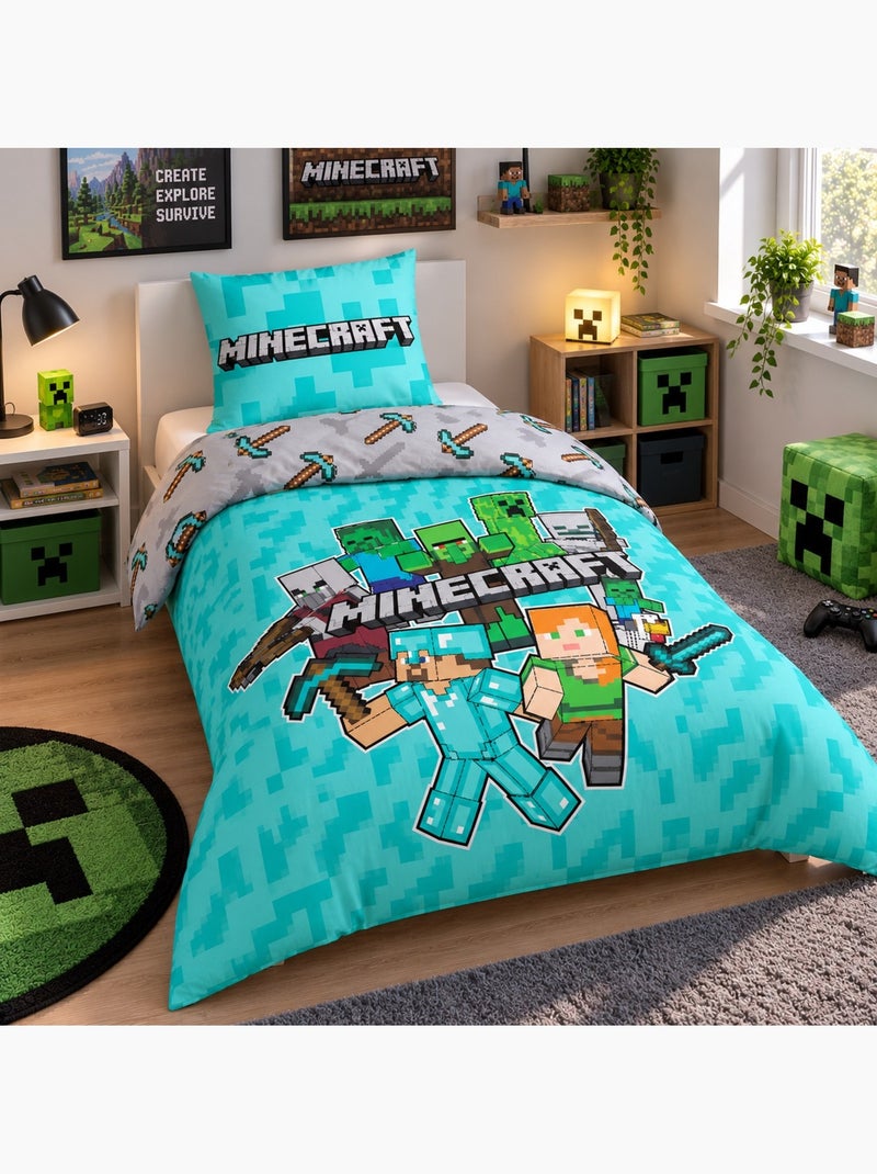 Parure de lit coton minecraft aymax Bleu - Kiabi