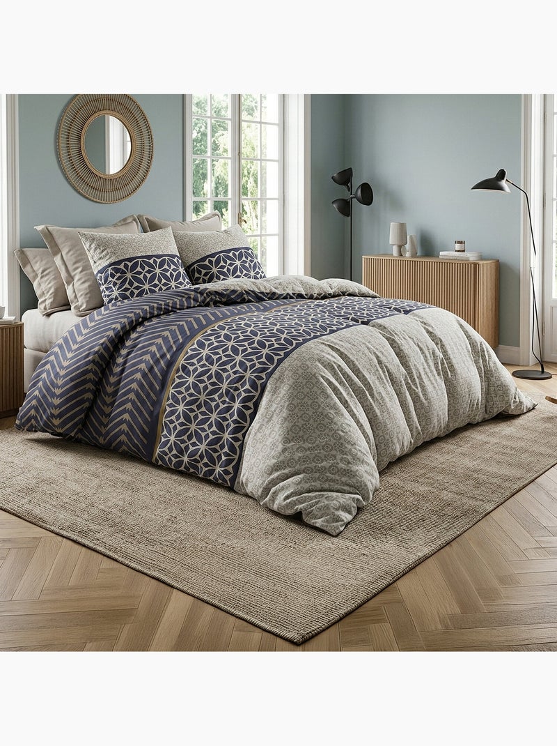Parure de lit coton motif art déco bleu et beige, mevin Multicolore - Kiabi