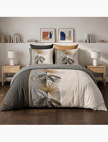 Parure de lit coton motif feuillage tropical gris et doré, pacôme