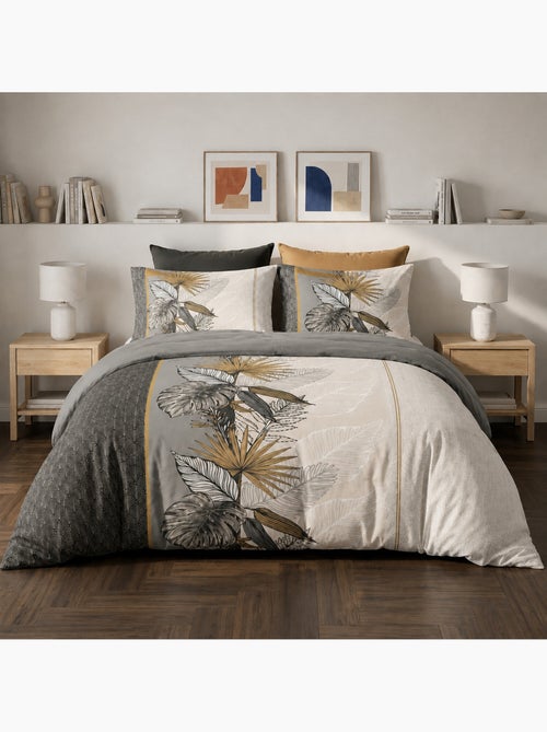 Parure de lit coton motif feuillage tropical gris et doré, pacôme - Kiabi