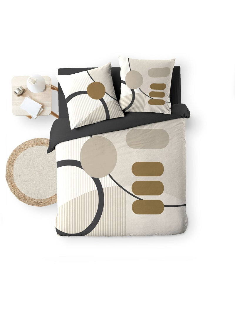 Parure de lit coton motif géométrique double face imprimée Beige grès - Kiabi