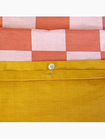 Parure de lit coton motifs damier 2 places rouge et orange Futuna