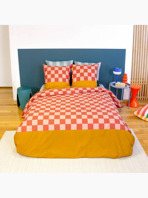 Parure de lit coton motifs damier 2 places rouge et orange Futuna - Kiabi