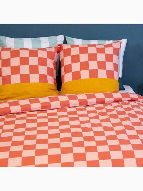 Parure de lit coton motifs damier 2 places rouge et orange Futuna - Kiabi