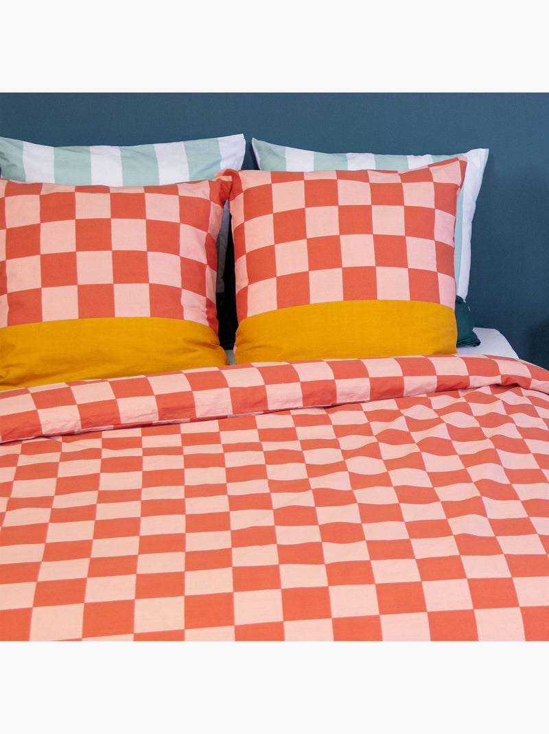 Parure de lit coton motifs damier 2 places rouge et orange Futuna Rouge - Kiabi