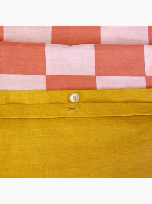 Parure de lit coton motifs damier 2 places rouge et orange Futuna - Kiabi