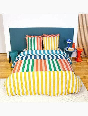 Parure de lit coton motifs rayures multicolore 2 places Aura