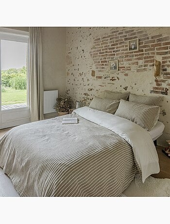 Parure de lit coton rayure beige