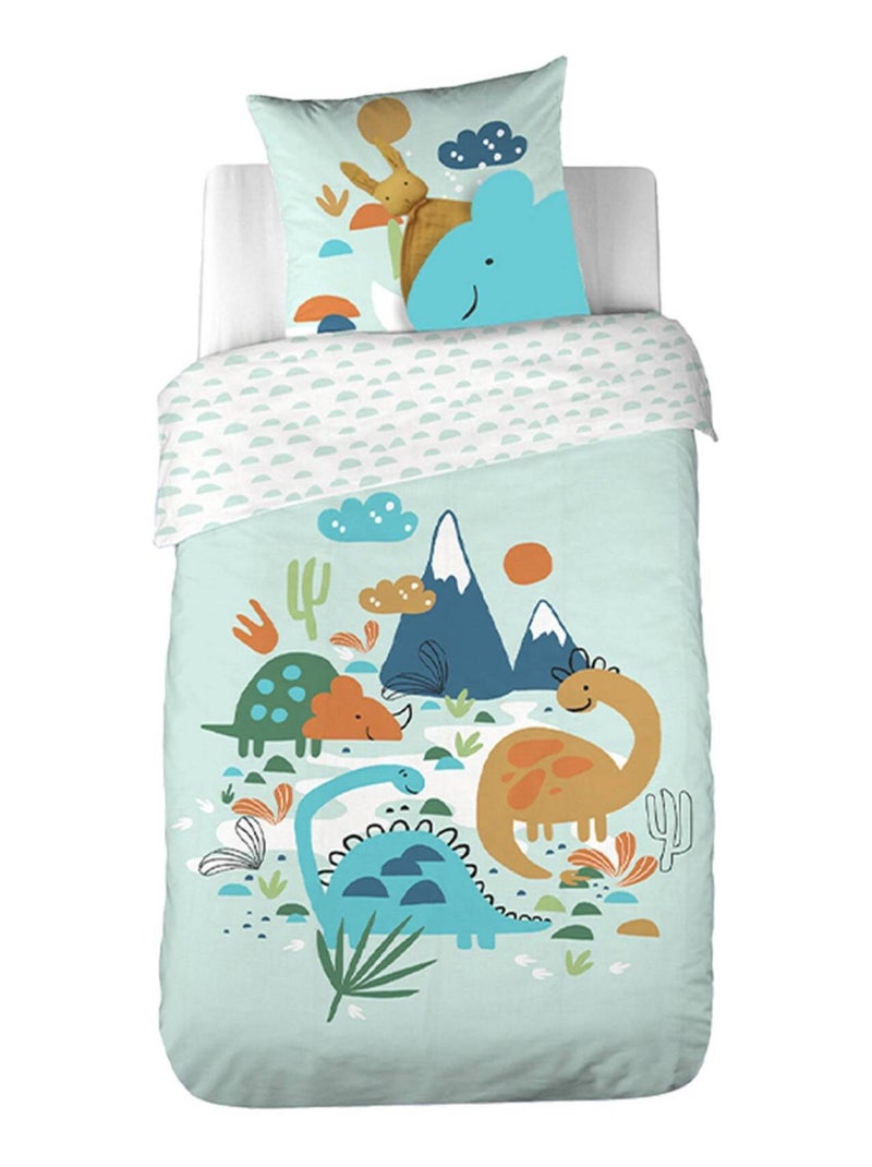 Parure de lit coton réversible imprimé dinosaures 1 place 140 x 200cm Dino Vert d'eau - Kiabi
