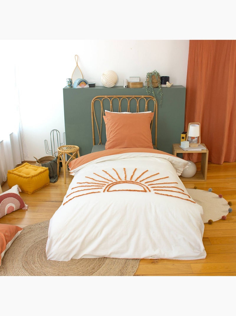 Parure de lit coton tufté réversible imprimé soleil blanc/terracotta 1 place 140 solino N/A - Kiabi
