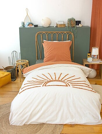 Parure de lit coton tufté réversible imprimé soleil blanc/terracotta 1 place 140 Solino