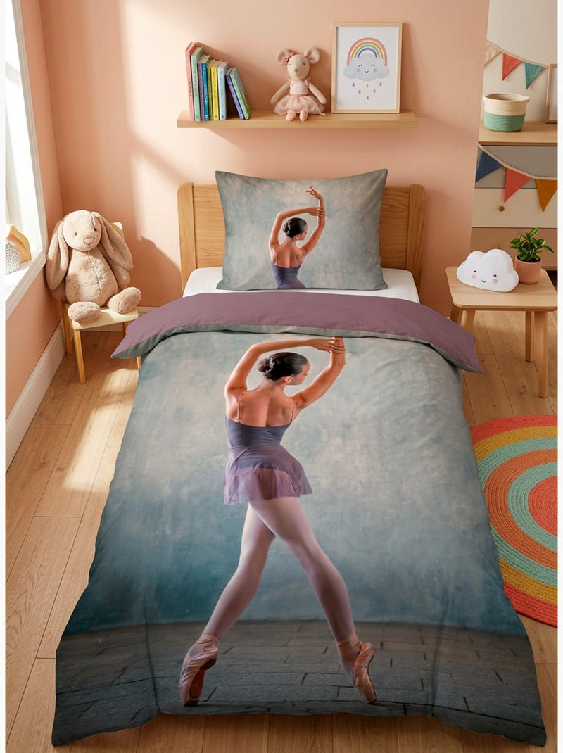 Parure de Lit Danseuse Ballerine, 100% Coton Oeko-Tex, Imprimée Réversible, Lit 1 place Gris - Kiabi