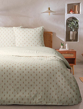 Parure de lit double à rayures fleurie effet lin - Future Home