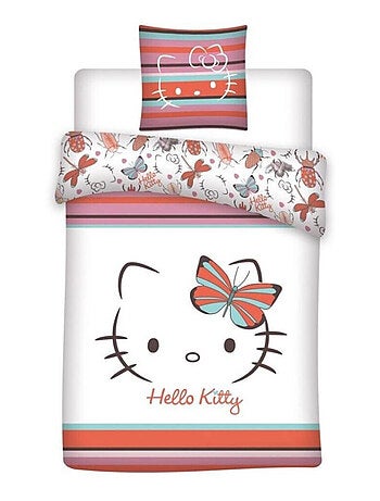 Parure de lit double blanche et rose - Hello Kitty avec un papillon multicolore - 140x200 cm
