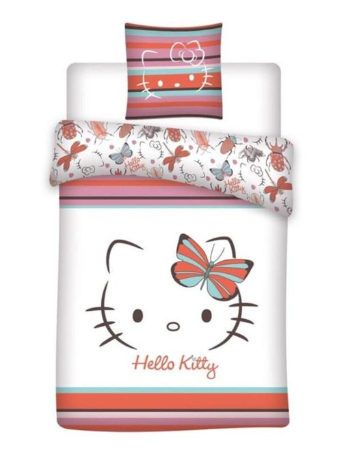 Parure de lit double blanche et rose - Hello Kitty avec un papillon multicolore - 140x200 cm - Kiabi