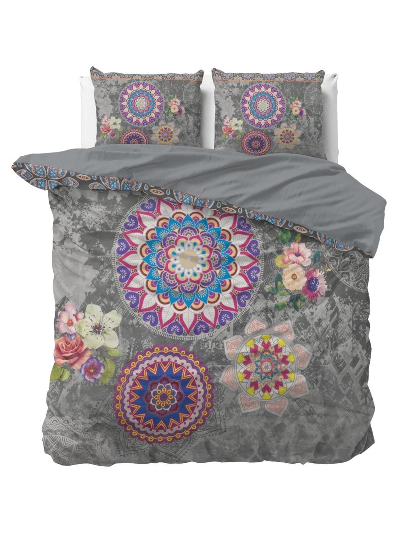 Parure de Lit Double Coton Mandala Gris - Kiabi
