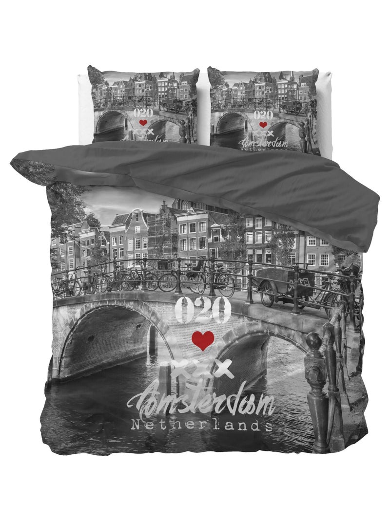 Parure de Lit Double Coton Pont d'Amsterdam Gris - Kiabi