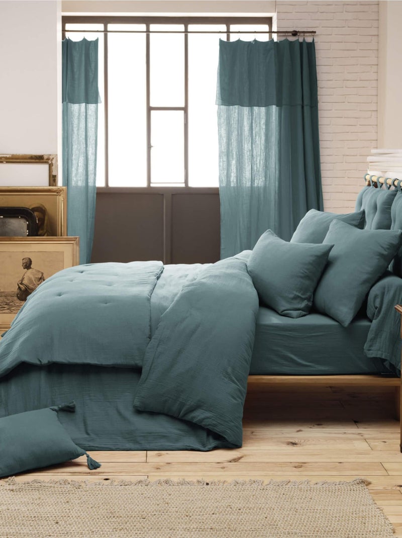Parure de lit double gaze de coton Bleu canard - Kiabi