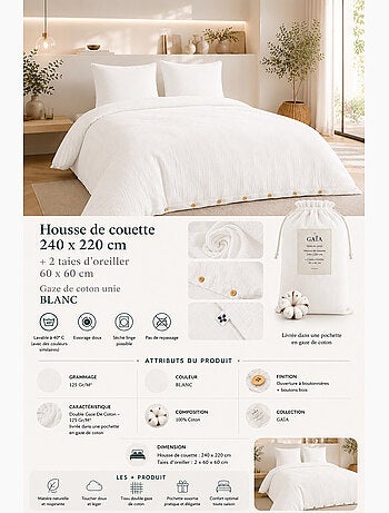 Parure de lit Double gaze de coton GAÏA + 2 taies 60x60 cm