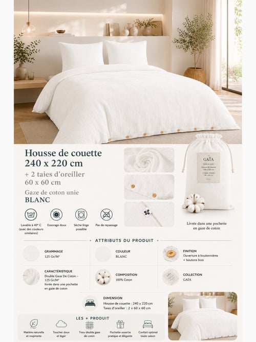 Parure de lit Double gaze de coton GAÏA + 2 taies 60x60 cm - Kiabi