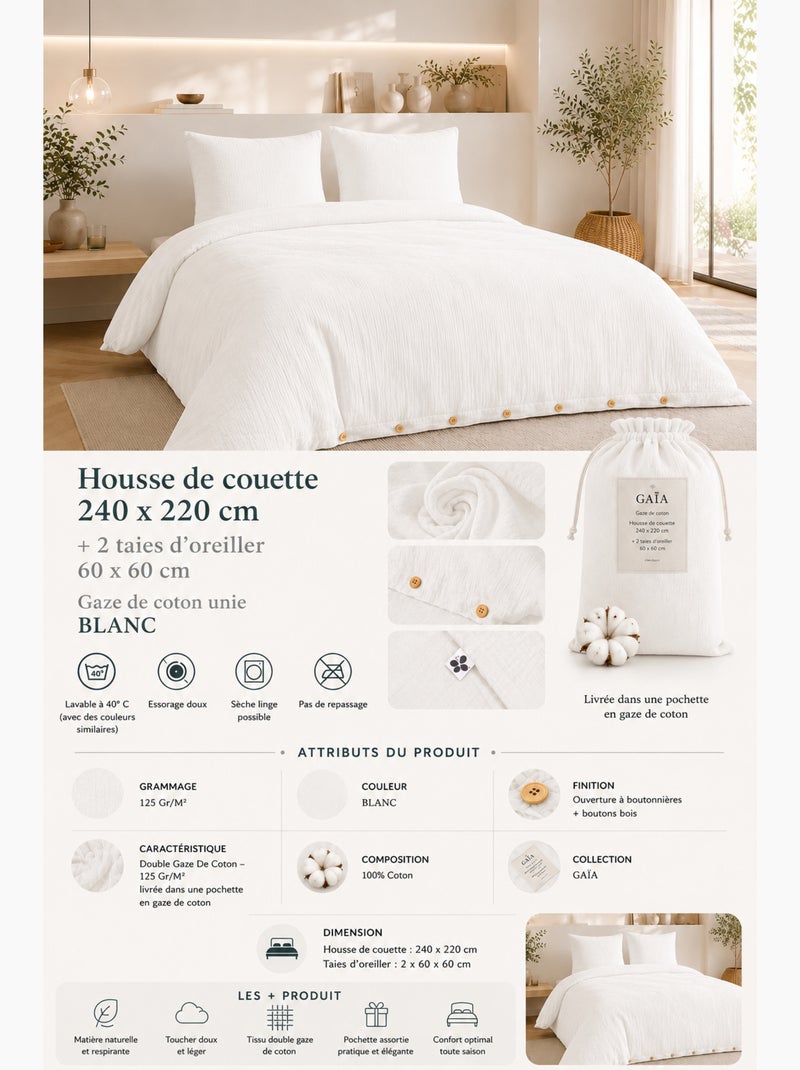 Parure de lit Double gaze de coton GAÏA + 2 taies 60x60 cm Blanc - Kiabi