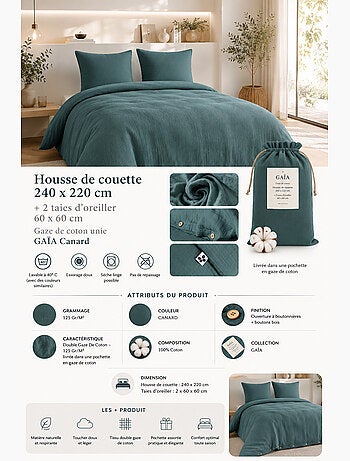 Parure de lit Double gaze de coton GAÏA + 2 taies 60x60 cm