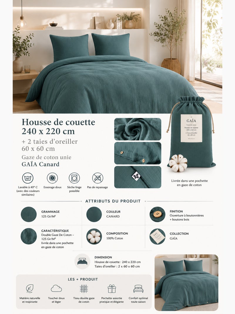 Parure de lit Double gaze de coton GAÏA + 2 taies 60x60 cm Bleu canard - Kiabi