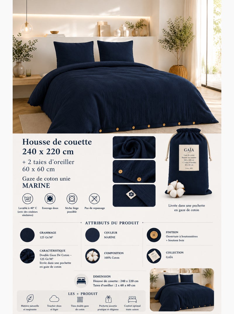 Parure de lit Double gaze de coton GAÏA + 2 taies 60x60 cm Bleu nuit - Kiabi