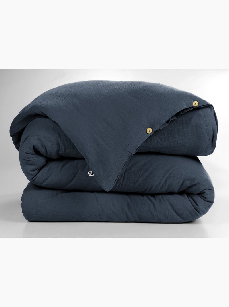 Parure de lit Double gaze de coton GAÏA + 2 taies 60x60 cm Bleu nuit - Kiabi