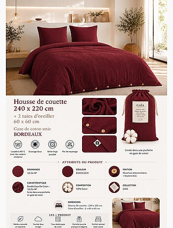 Parure de lit Double gaze de coton GAÏA + 2 taies 60x60 cm