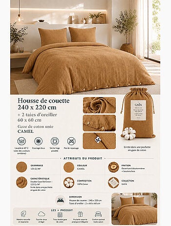 Parure de lit Double gaze de coton GAÏA + 2 taies 60x60 cm