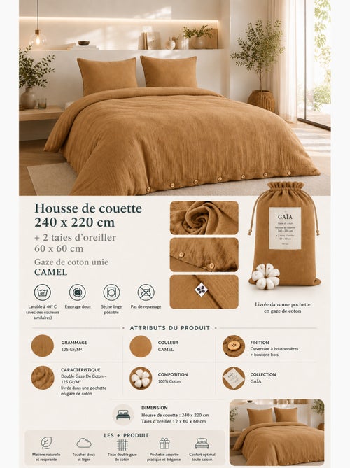 Parure de lit Double gaze de coton GAÏA + 2 taies 60x60 cm - Kiabi