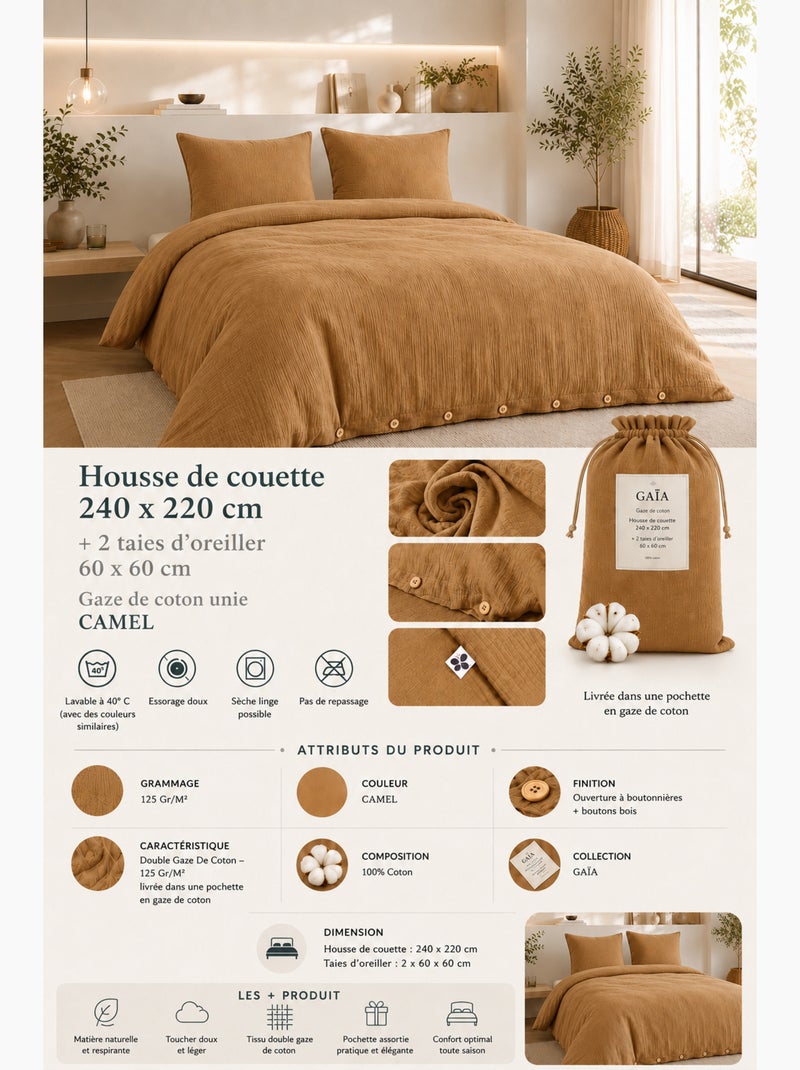 Parure de lit Double gaze de coton GAÏA + 2 taies 60x60 cm Camel - Kiabi