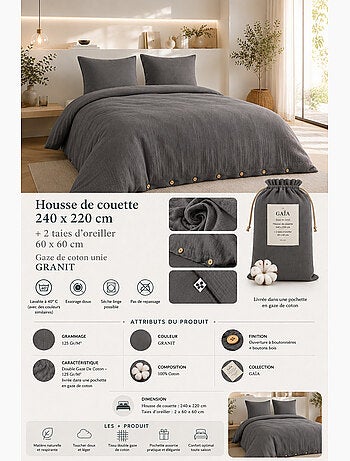 Parure de lit Double gaze de coton GAÏA + 2 taies 60x60 cm