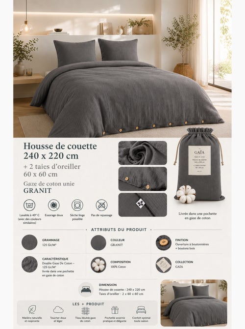 Parure de lit Double gaze de coton GAÏA + 2 taies 60x60 cm - Kiabi