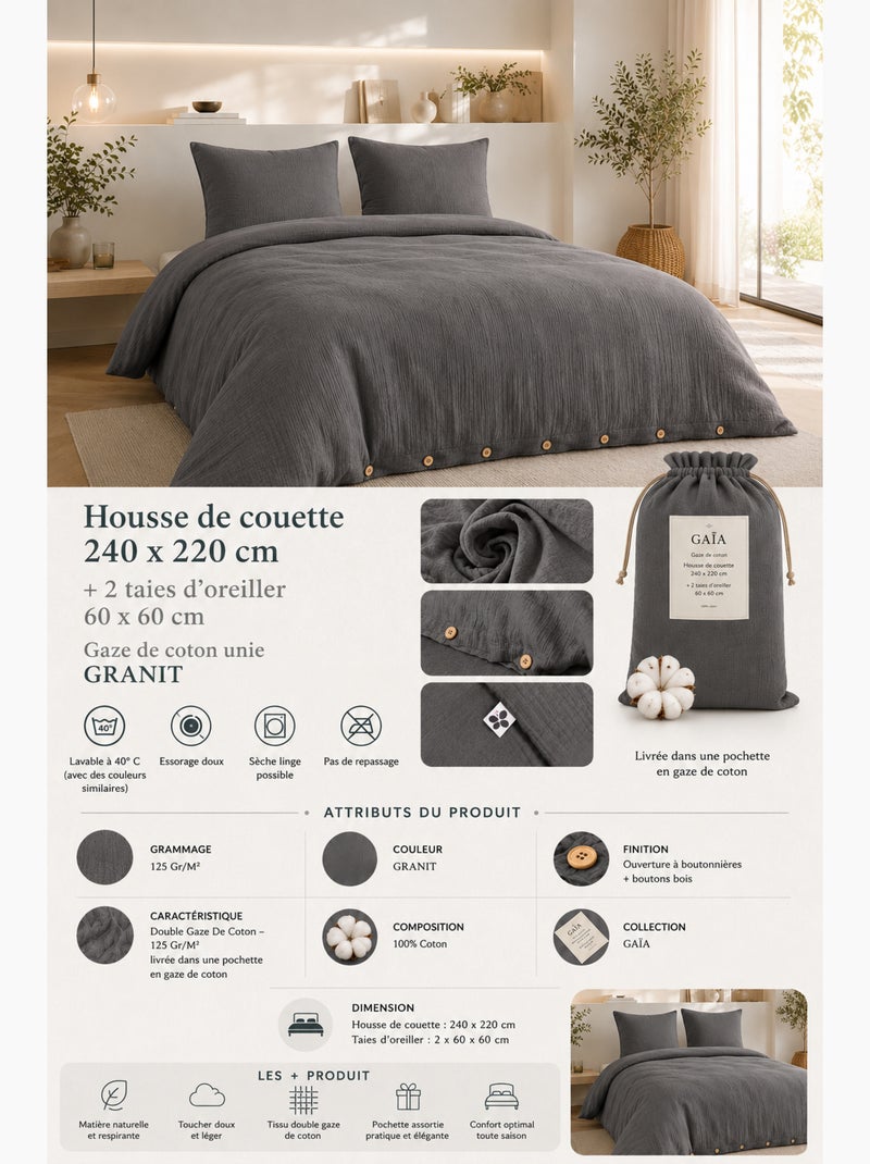 Parure de lit Double gaze de coton GAÏA + 2 taies 60x60 cm gris anthracite - Kiabi