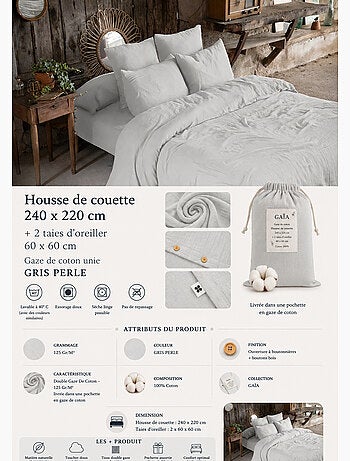 Parure de lit Double gaze de coton GAÏA + 2 taies 60x60 cm