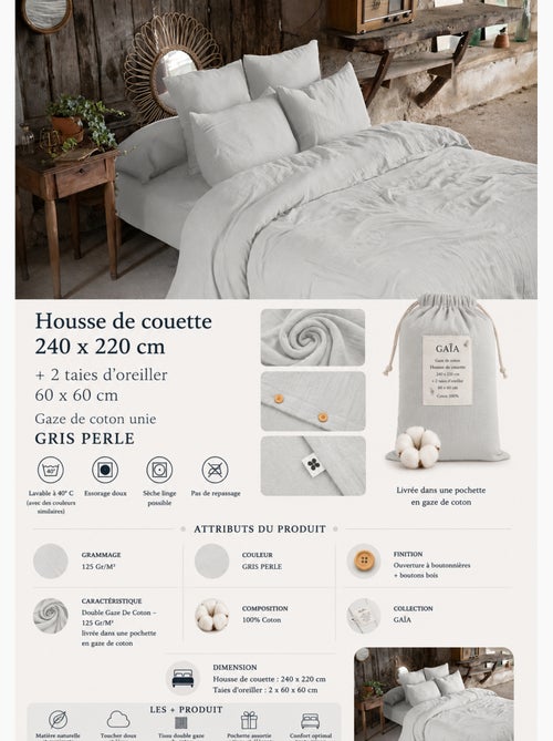 Parure de lit Double gaze de coton GAÏA + 2 taies 60x60 cm - Kiabi